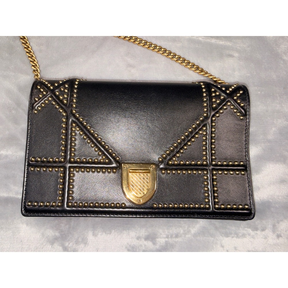 Dior Diorama Wallet on‎ Chain Black Studded Leather Gold Hardware With COA - Picture 2 of 15